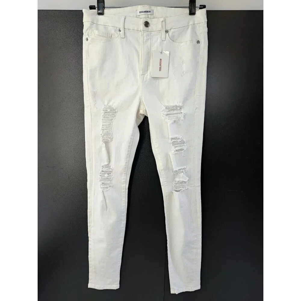 Good American Good Legs White Distressed Duster Natural Fray Jeans Size 12/31